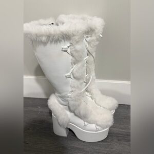 Demonia White Faux Fur Platform Boots